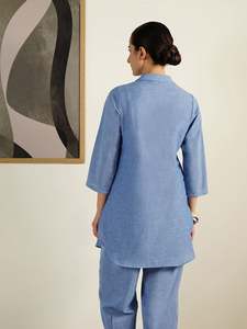 Blue Linen Cotton Polo Neck Midi <b>Dress</b> With Three Quarter Sleeve <b>Loose</b> Fit Embroidery Detail Casual Daily Wear Breathable Solid - Product Image 3