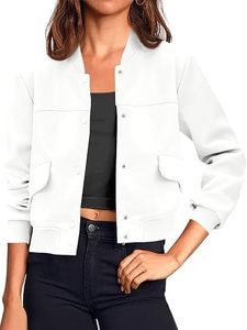 Chaqueta Bomber Blanca para Mujer, Color Sólido, Manga Larga, Cierre de Botones, Prenda Exterior Informal, Diseño Corto con Bolsillos de Parche - Product Image 1