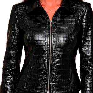 Chaqueta de Moto de Cuero para Mujer con Cuello Alto, Manga Larga, Patrón de Cocodrilo Grabado, Cierre de Cremallera, Largo Regular, Estilo Invernal - Product Image 4