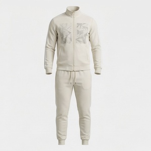 Survêtement pour homme à imprimé géométrique crème, fermeture éclair intégrale, col montant, vêtements de sport décontractés, coupe régulière, vêtements d'automne - Product Image 1
