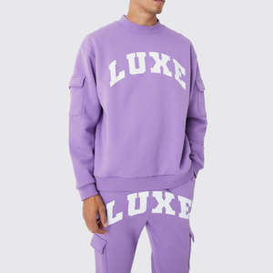 Conjunto Deportivo de Dos Piezas para Hombre, Sudadera con Cuello Redondo y Estampado de Letras en Color Morado, Pantalones Deportivos Tipo Cargo, Estilo Casual Urbano - Product Image 2