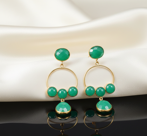 Elegant 6 Inch <b>Green</b> Onyx Drop Earrings 15g | 925 Silver, 18K Gold Plated Hoop Earring Designer CZ Drop Earrings - Product Image 2
