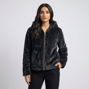 Veste zippée à capuche en fausse fourrure pour homme, coupe classique, couleur unie, vêtement d'extérieur décontracté d'hiver, matière polaire, noir - Product Image 6