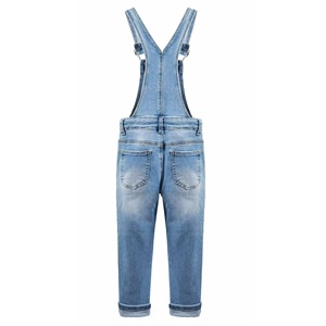 Salopette unisexe en jean, longueur intégrale, couleur unie, taille mi-haute, coupe droite, bretelles réglables, fermeture boutonnée, poches plaquées, coton délavé - Product Image 2