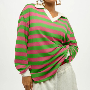 Camiseta de Punto a Rayas para Mujer, Estilo Rugby, Cuello en V, de Poliéster de Primera Calidad, Manga Larga, Informal, con Estampado Verde y Rosa - Product Image 4