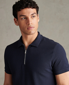 Polo en tricot léger pour homme, bleu marine, manches courtes, avec fermeture éclair, design uni décontracté, respirant, 100% coton, coupe classique - Product Image 3