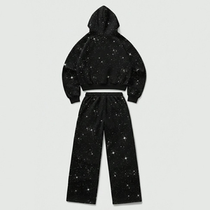 ชุดวอร์มประดับเพชรลาย Starry Night จาก SHY SPORTS แบบขายส่ง เสื้อฮู้ดครอปสีดำวิบวับสั่งทำพิเศษ กางเกงจ็อกเกอร์ขายาวทรงหลวมสำหรับทุกเพศ - Product Image 2