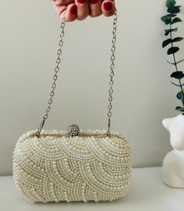 Elegant Jewelry Style <b>Beaded</b> Embroidery <b>Gold</b> White Clutch BOHO Hand Bag With High Quality Handcraft Design And Luxury For Girl - Product Image 1