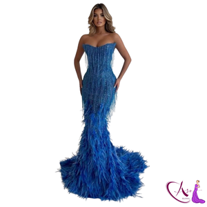 Luxury <b>Royal</b> <b>Blue</b> Hand Beaded Sequined Feather Mermaid Natural Evening Gown Women | Strapless Designer <b>Party</b> Prom Wedding <b>Dress</b> - Product Image 3