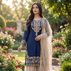 Bleu soie indien pakistanais mariage Kurti Sharara Dupatta Kameez fête porter des robes robe Kurti conception mariage Kurti - Product Image 1