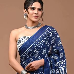 Sari de Algodón Puro Estampado a Mano - Product Image 1