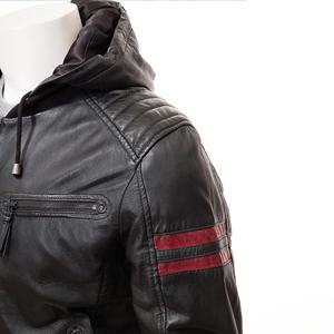 Chaqueta Bomber de Cuero Negra para Hombre con Capucha, Franjas Rojas de Carreras, Chaqueta Casual de Piel de Oveja Suave con Capucha, Corte Ajustado, Ropa Deportiva - Product Image 2