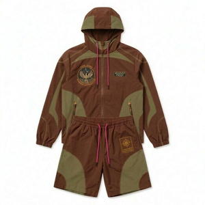 Unisex Brown Green Color Blocking Tracksuit Set Hooded Zipper <b>Jacket</b> Shorts Waterproof Casual Spring Wear - Product Image 1