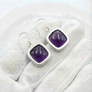 Handmade <b>Solid</b> 925 Sterling <b>Silver</b> Gemstone <b>Earrings</b> Bezel Setting Amethyst Square Boho Dangle Drop <b>Earrings</b> For Women - Product Image 4