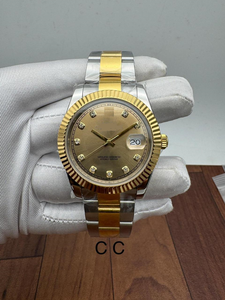 Montre de luxe en acier inoxydable à lunette cannelée bicolore or, cadran champagne, index diamantés, fenêtre de date, mouvement mécanique ETA - Product Image 3