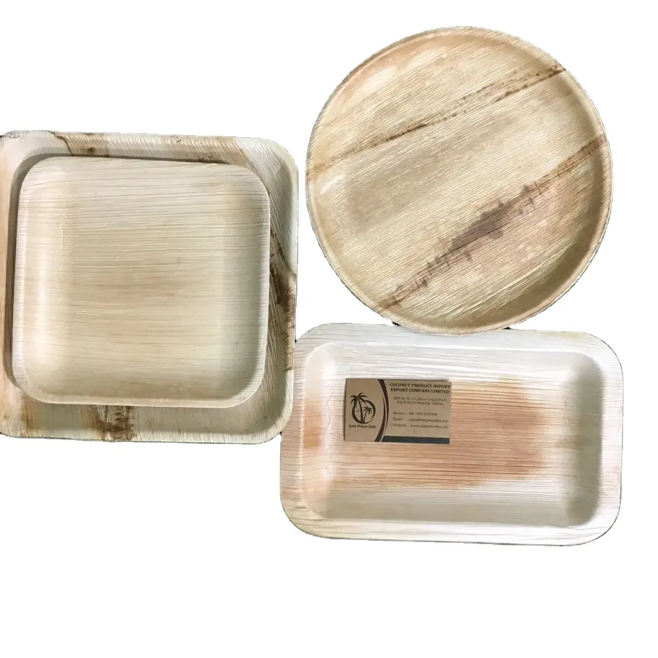 ผู้ผลิตเวียดนามธรรมชาติARECAใบปาล์มจานทิ้งย่อยสลายได้ใบปาล์มอาหารเย็นแผ่นไม้สำหรับห้องครัว