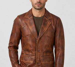 Icon by Gilani Blazer en cuir marron vintage pour homme avec col rabattu et fermeture boutonnée - Product Image 5