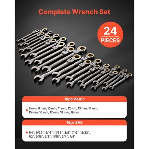 Set di chiavi a cricchetto a testa flessibile da 24 pezzi, SAE e metriche, 72 denti, in acciaio Cr-V, con chiavi a bussola da 17 mm e 12 mm - Product Image 2