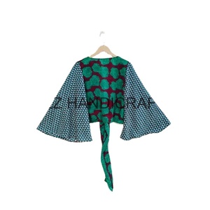 Camisa de manga larga con cuello de pico profundo para mujer hecha a mano al por mayor, blusa informal con lazo cruzado de seda, blusa corta de verano - Product Image 2