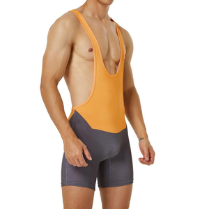 Men's <b>Orange</b> Gray Color Blocked Wrestling Singlet One-Piece Fitted Spandex Nylon Stretch Martial Arts Wear Adult Size - Product Image 5