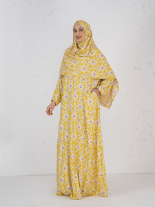 Vibrant Yellow Printed Maxi Abaya with Matching <b>Hijab</b> Traditional Ethnic Design Long Dress Modest Islamic Apparel for Women - Product Image 2