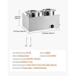 Calentador de Sopa Eléctrico Comercial Bain Marie de 1200W, 2 Ollas de Acero Inoxidable de 6.34QT, Equipo de Calentamiento y Mantenimiento de Temperatura de 86~185 Fahrenheit - Product Image 4