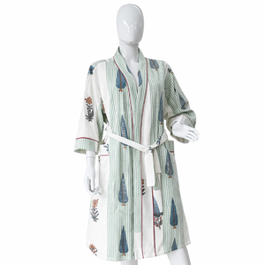 Bata de Baño de Algodón Suave con Rayas Verde Salvia para Mujer, Bata de Spa con Estampado Floral, Bata de Manojo Ligera y Cómoda - Product Image 1