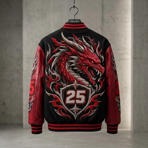 Blouson Bomber Homme Personnalisé avec Motif Dragon, Manches en Cuir Noir et Rouge, Style Racing Streetwear, Veste Tendance ONEAPEX, Manteau d'Extérieur - Product Image 6