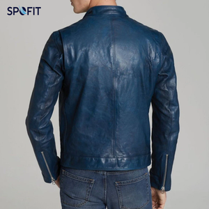 Veste en cuir véritable bleu marine pour homme de qualité supérieure, style Cafe Racer, coupe ajustée, veste de motard avec fermeture à glissière - Product Image 6