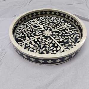 Handmade Bone Inlay <b>Round</b> <b>Tray</b>: Black & White Floral Decor - Product Image 2