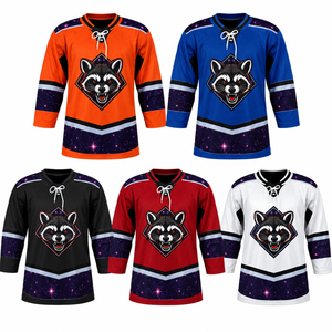Camiseta de hockey sobre hielo blanca personalizada por sublimación, con mascota de mapache, ribete galáctico, cuello con cordones, uniforme de equipo extragrande, transpirable, deportivo - Product Image 6