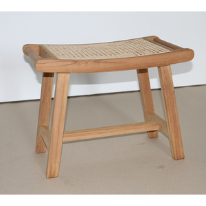 <b>Stool</b> with Solid Teak Wood Frame and Handcrafted Rattan Weaving Curved Seat Well Sanded Finish - Product Image 1