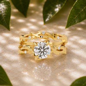 Thorn Branch Twig Bridal Set Round Lab Grown Diamond 14K Yellow Gold Engagement Set <b>Rings</b> IGI Certified Custom Jewelry Wholesale - Product Image 1