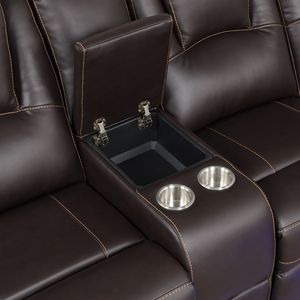 Set divano reclinabile manuale in ecopelle marrone moderno divano simmetrico 2 portabicchieri striscia di luce LED per soggiorno - Product Image 1