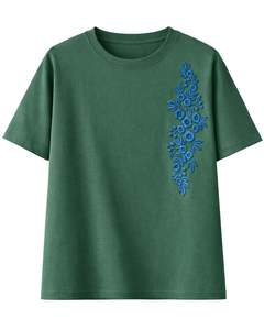 เสื้อยืดผู้หญิงสีเขียวป่าลายปักดอกไม้ ผ้าฝ้ายนุ่ม คอกลม แขนสั้น สไตล์ลำลอง เหมาะสำหรับฤดูร้อน น้ำหนักเบา แฟชั่นทันสมัย - Product Image 1