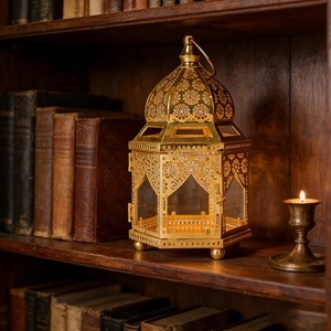 Festive Gold Metal <b>Moroccan</b> <b>Lantern</b> with Glass Panels Decorative Candle Holder for Christmas Ramadan Home Table Decor - Product Image 2