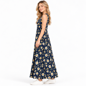 Robe longue décontractée d'été pour femme, bleu marine, à motif floral, sans manches, col rond, coupe trapèze – Fournisseurs de vêtements de mode en gros OEM ODM - Product Image 2
