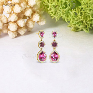 Triple Gemstone <b>Earrings</b> 10x8mm Pear Cut Rhodolite Garnet & Pave Diamond Halo Dangle with 14k Solid Gold Dual Birthstone <b>Earring</b> - Product Image 5