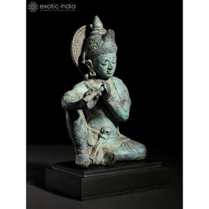 Exótica Escultura India Pequeña de 6 Pulgadas de Latón, Ídolo de Murli Manohar de Krishna Sentado sobre Base de Madera, Procedente de la India - Product Image 4