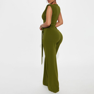 Combinaison sans manches vert olive pour femme, taille haute, avec ceinture, élégante, longueur complète, pour les occasions de fête printemps-été - Product Image 2