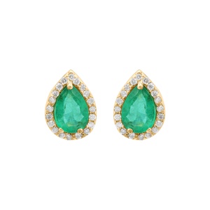Pendientes de Oro Amarillo de 18k con Esmeralda Natural en Forma de Pera y Halo de Diamantes, Joyas Memoria, Venta al Por Mayor - Product Image 1