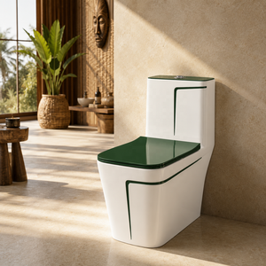 Inodoro Moderno y Elegante de Una Pieza, Color Blanco con Franja Verde, Taza Alargada, Descarga por Arrastre, Montaje Empotrado - Product Image 3