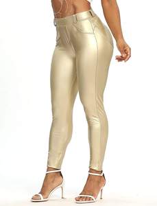 High Waist Satin Sport Eco-Friendly Compression <b>Thin</b> Leggings Ankle-Length Solid Gold Stretch <b>Tight</b> Fit Women's Pants Pockets - Product Image 1