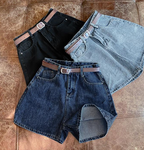 High Waist Denim Shorts Straight Leg Vintage Washed Cotton Casual Summer Shorts with Belt Solid Color - Product Image 3