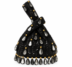 Pochette de soirée de luxe noire à nœud japonais – Pochette Potli perlée et à sequins avec pendentifs en cristal en forme de goutte d'eau pour mariage nuptial - Product Image 5