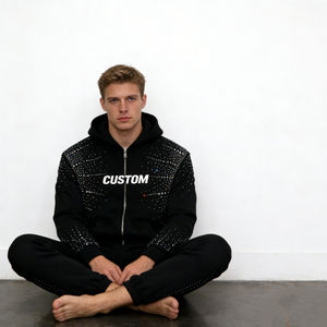 Sudadera con capucha para hombre, de invierno, estilo vintage, tejida, moderna, negra, de forro polar suave, con pedrería, con cremallera, extragrande, para uso diario, informal, para fiestas y estilo urbano - Product Image 4