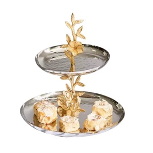 Two-Tier Gold Metal Serving Tray <b>Stand</b> With Rose Design Vintage Style Rectangle Shape For Party Dessert Display - Product Image 5