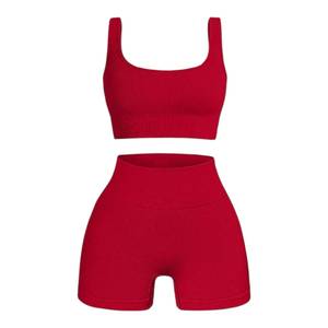 Ensemble de vêtements de sport pour femmes, 2 pièces, côtelé, haut court sans manches, short taille haute, respirant, antistatique, coupe ajustée, toutes saisons - Product Image 2
