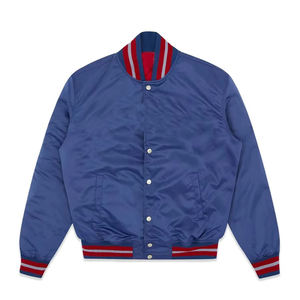 Blouson bomber en satin bleu marine pour homme, veste sportive zippée avec col et poignets côtelés rayés - Product Image 1