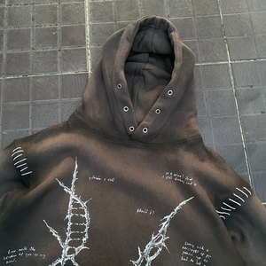 Oversized Men's Hooded Sweatshirt Cotton Knitted Streetwear Print Front Pocket Regular Sleeve Autumn Dark <b>Brown</b> - Product Image 4